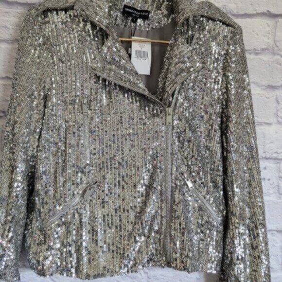 Generation Love Sequin Moto Jacket S NEW Silver Sparkle Glam Holiday Biker Chic - Picture 5 of 10